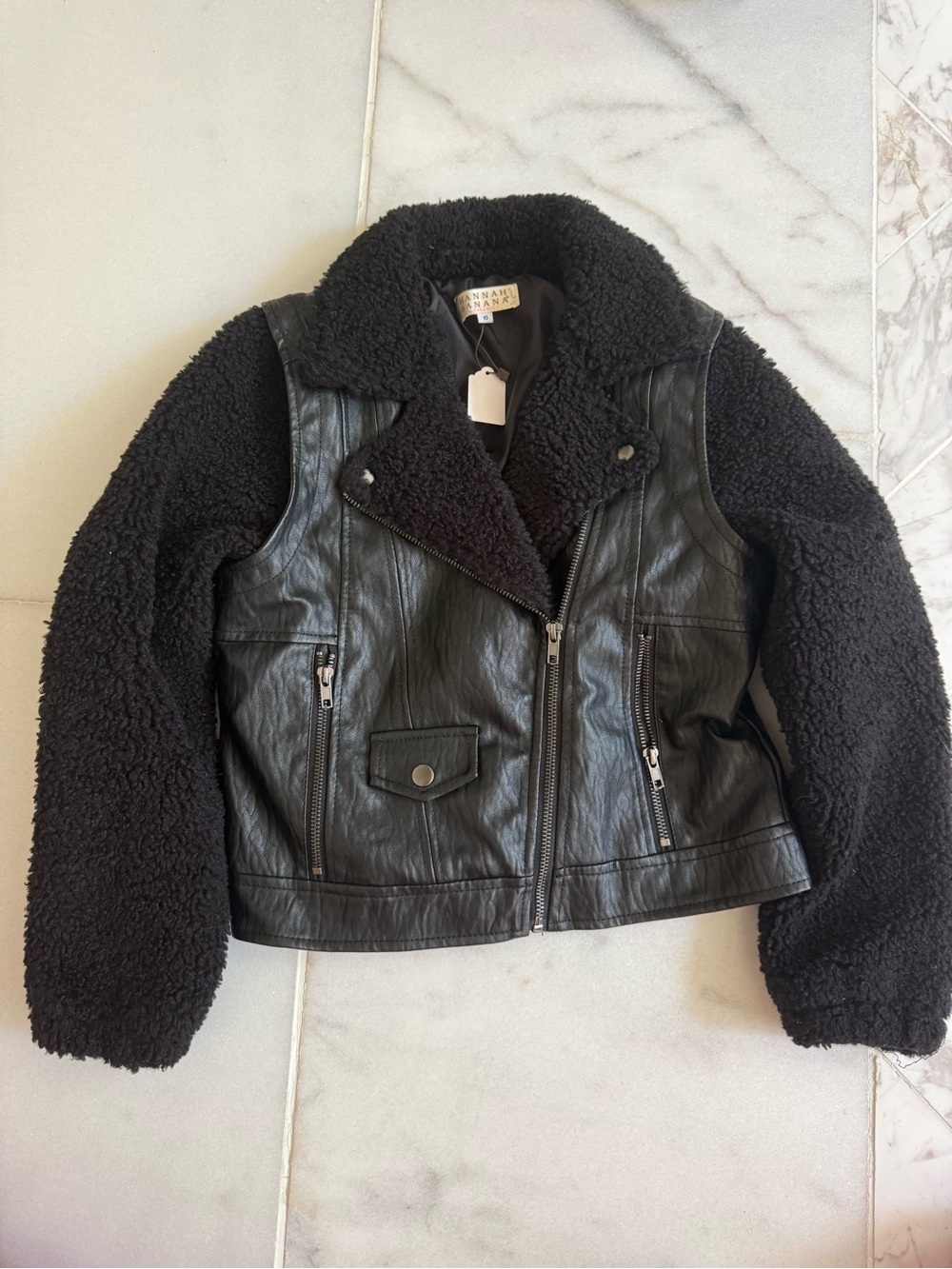 Kids Hannah Banana Black Faux Leather & Sherpa Jacket